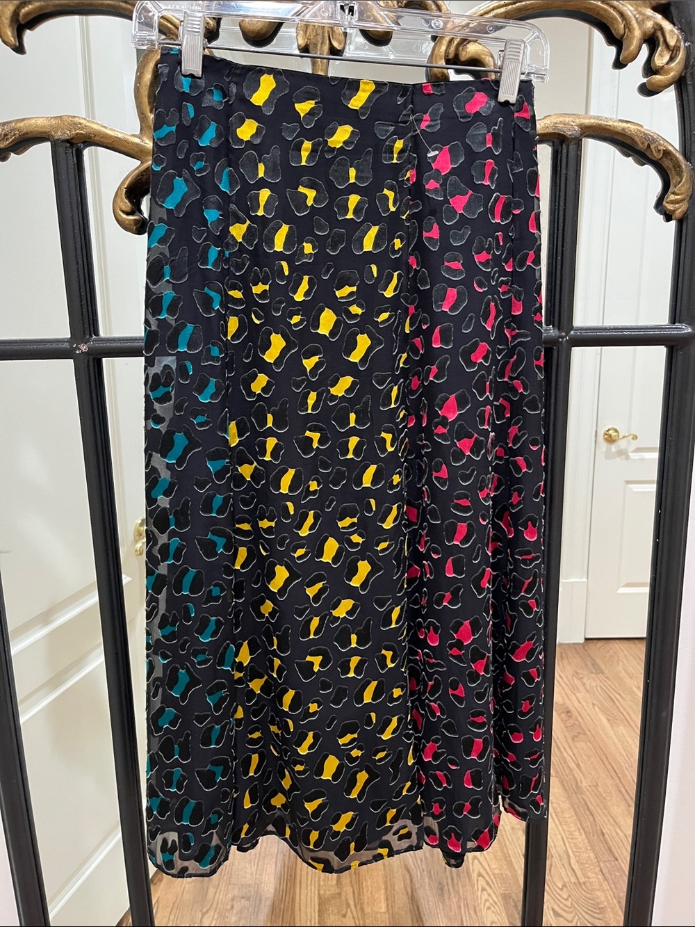Alice + Olivia Black Maxi Skirt with Teal, Yellow & Pink Leopard Panels